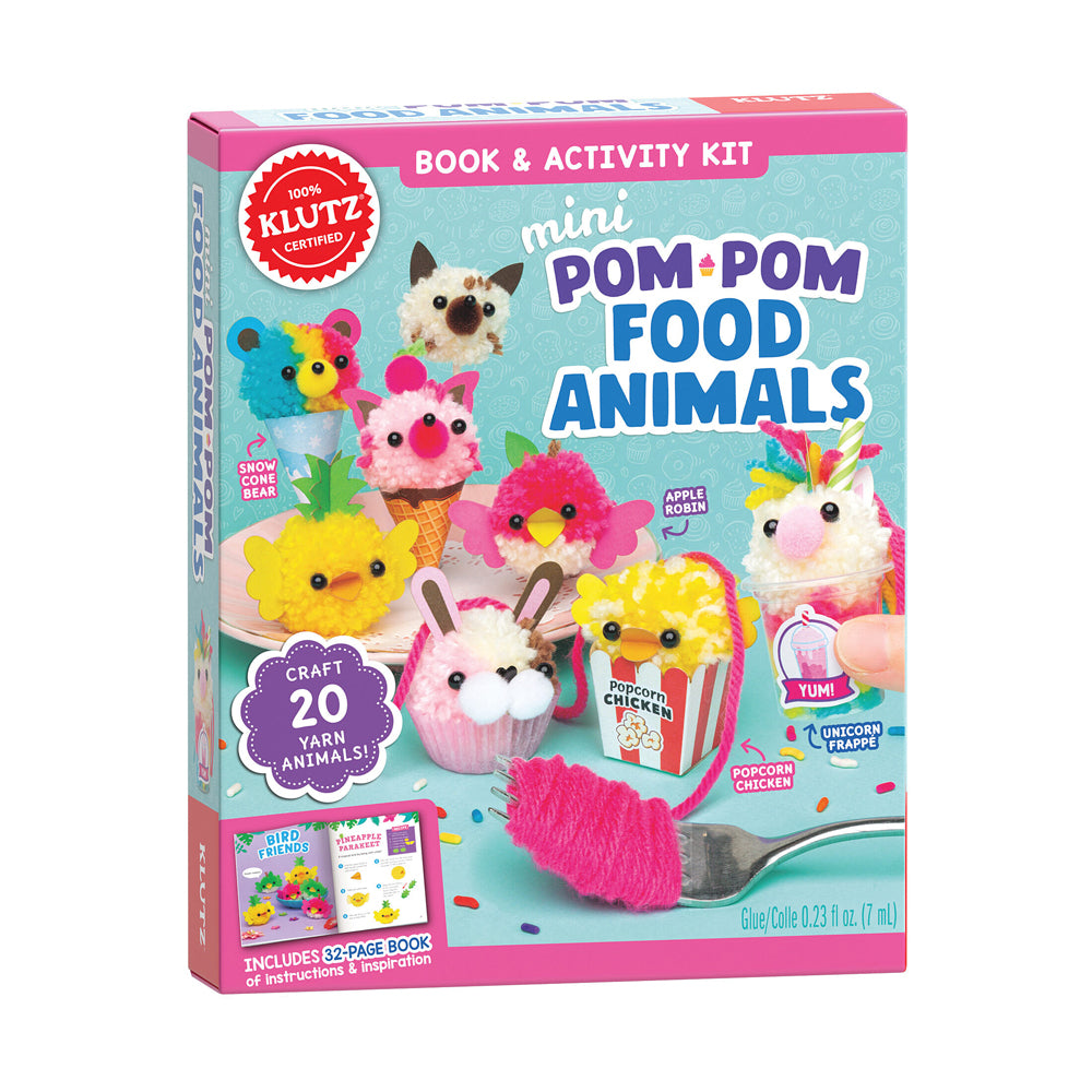 Mini Pom-Pom Food Animals Book & Activity Kit box showing colorful pom-pom crafts including bear, cupcake, chick, popcorn chicken, and unicorn frappe designs