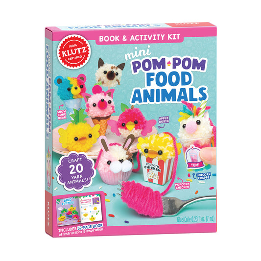 Mini Pom-Pom Food Animals Book & Activity Kit box showing colorful pom-pom crafts including bear, cupcake, chick, popcorn chicken, and unicorn frappe designs