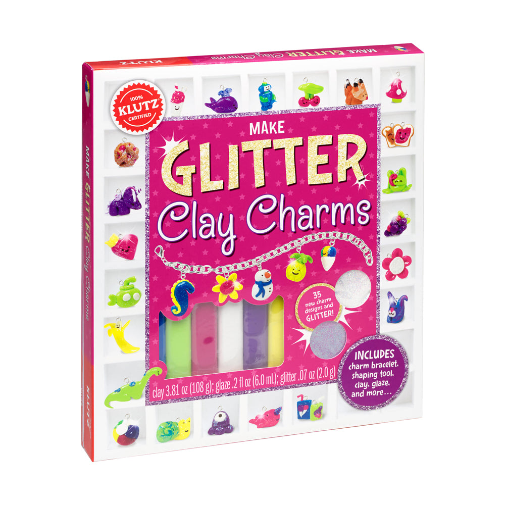 Klutz Make Glitter Clay Charms craft kit box showing colorful clay, glitter, charm bracelet, and finished charm examples on pink packaging