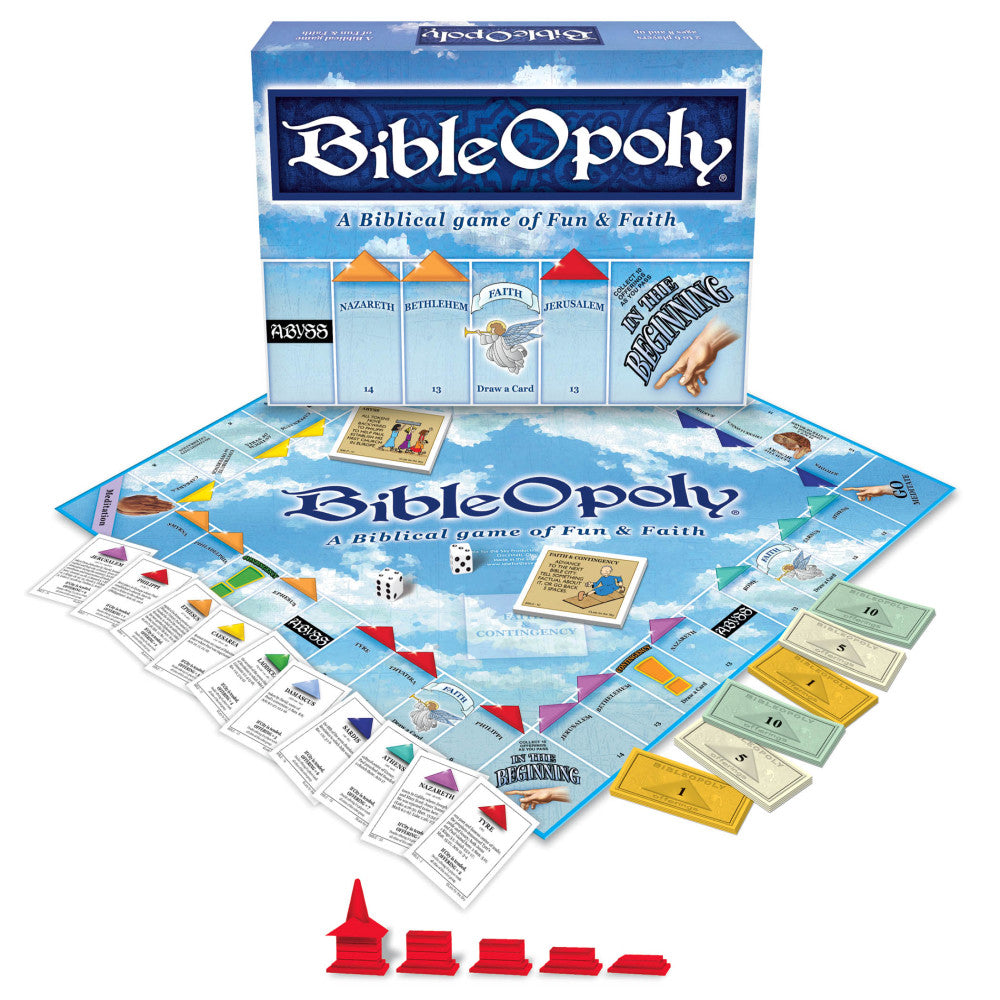 BibleOpoly board game box and contents displayed, including game board with cloud design, player tokens, colorful play money, dice, and instruction cards