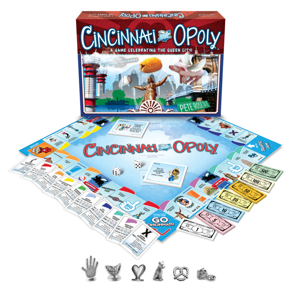 Cincinnati-opoly board game box and contents including game board, player tokens, property cards, and colorful play money featuring Cincinnati landmarks