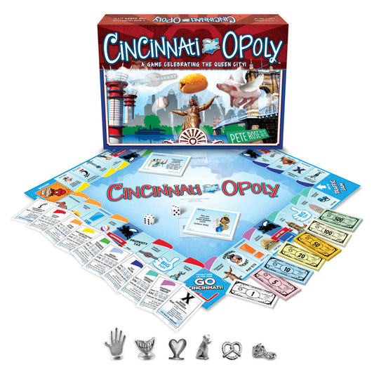 Cincinnati-opoly board game box and contents including game board, player tokens, property cards, and colorful play money featuring Cincinnati landmarks