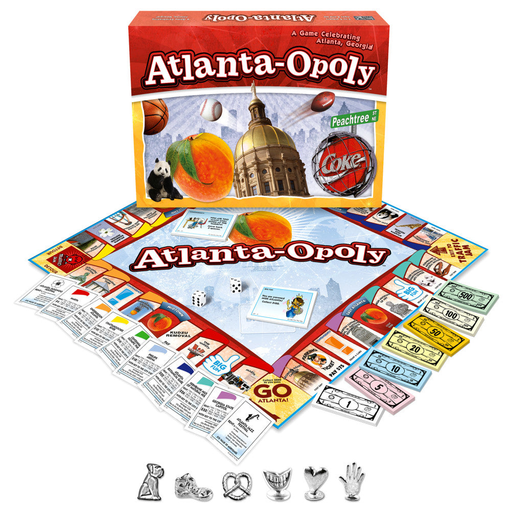 Atlanta-Opoly board game showing red box, game board with Atlanta landmarks, two dice, property cards, and metal playing pieces