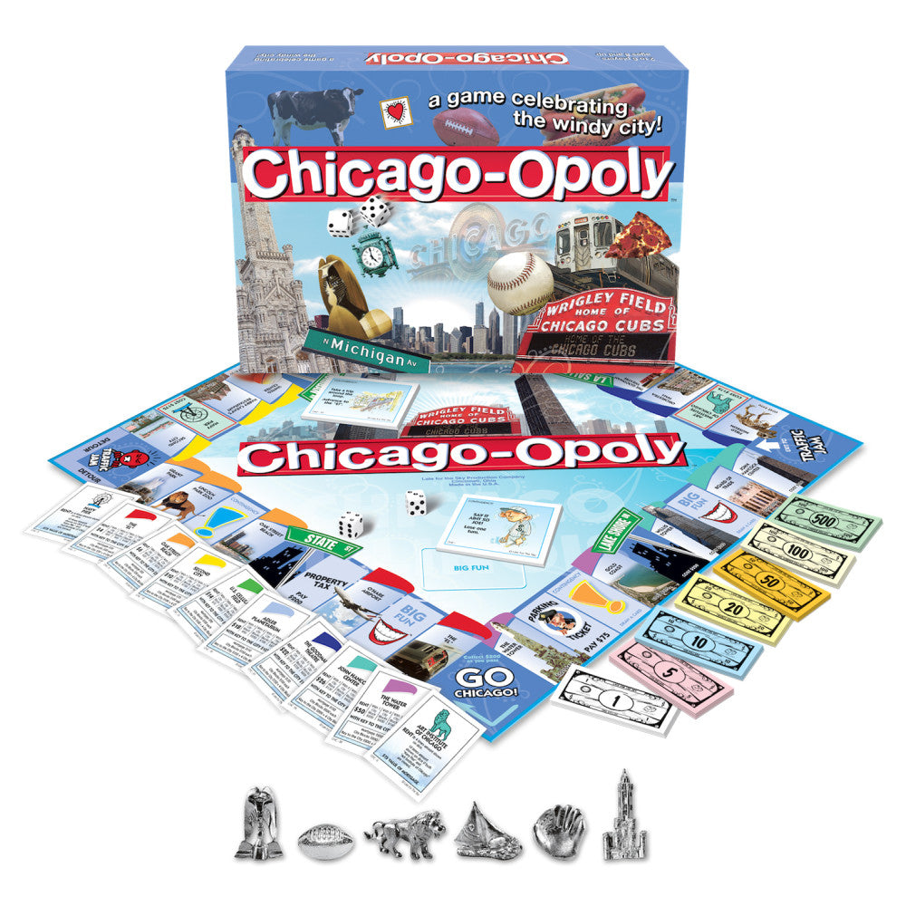 Chicago-opoly board game box and contents displayed with game board, property cards, Chicago-themed tokens, dice, and colorful play money