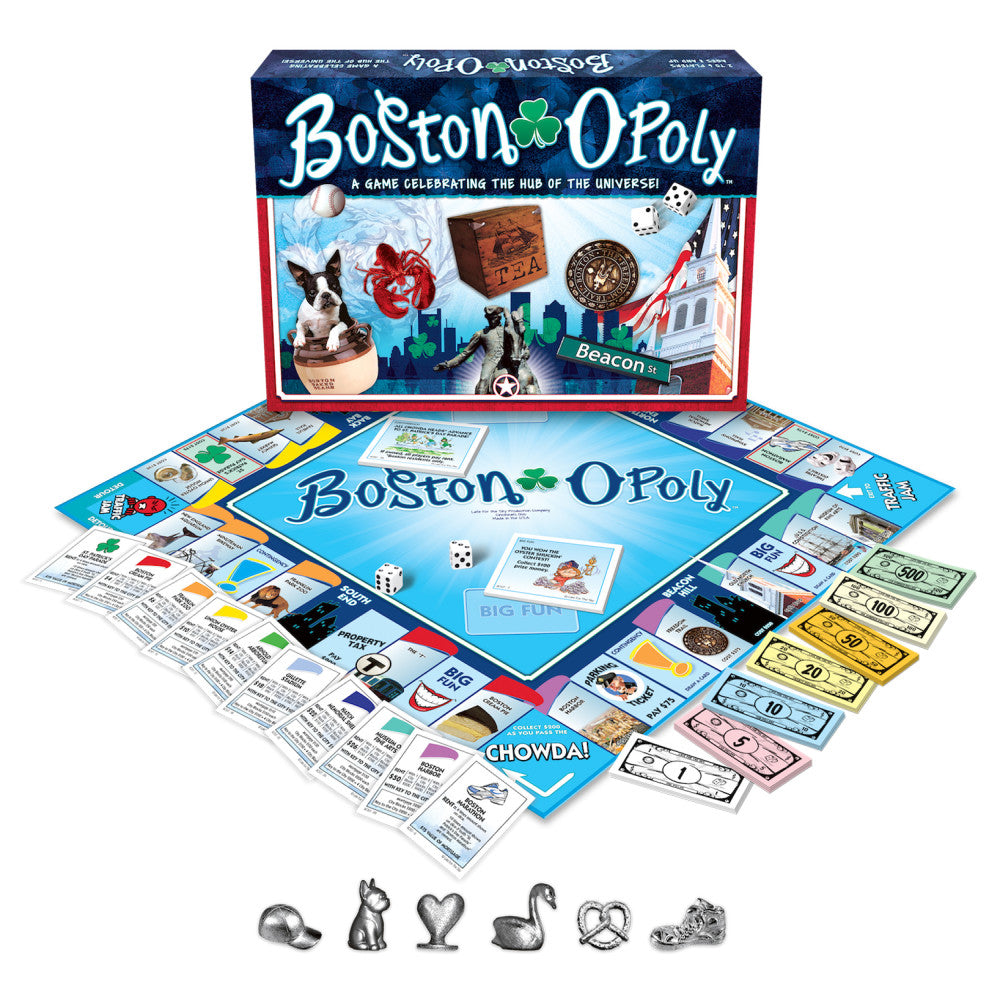 Boston-opoly board game displayed with game board, box, property cards, play money in various denominations, dice, and six metal player tokens including a dog,