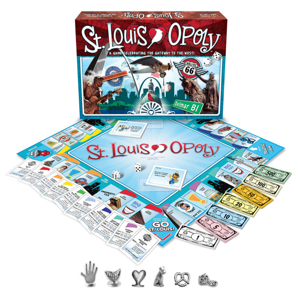 St. Louis-opoly board game box and contents displayed, including game board, property cards, play money, dice, and metal game pieces