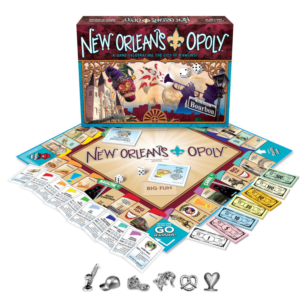 New Orleans-opoly board game box and contents displayed, including game board, colorful money, property cards, dice, and metal game pieces themed around New Orl