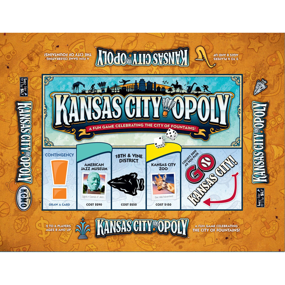 Kansas City-Opoly board game box showing game board with properties including American Jazz Museum, 18th & Vine District, and Kansas City Zoo, with dice and pla