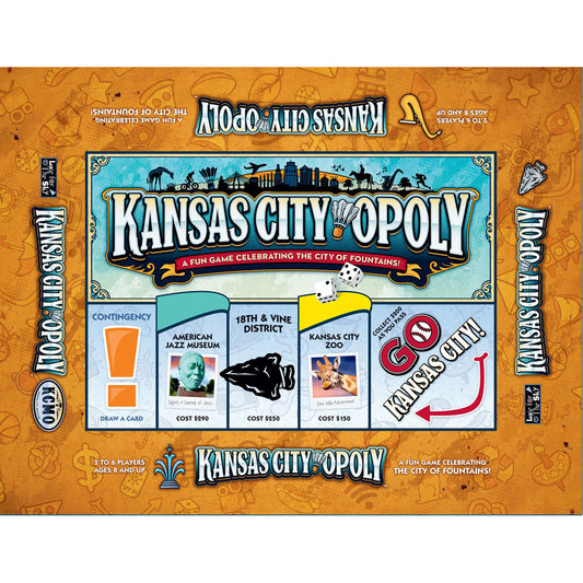 Kansas City-Opoly board game box showing game board with properties including American Jazz Museum, 18th & Vine District, and Kansas City Zoo, with dice and pla