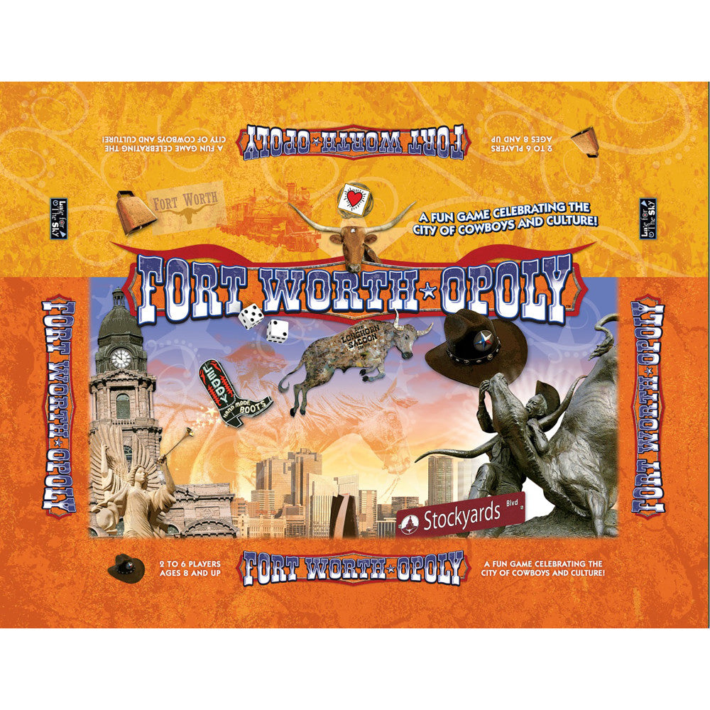 Fort Worth-Opoly board game box featuring orange background with Fort Worth landmarks, cowboy hat, bucking horse, clock tower, and Stockyards imagery. Text read
