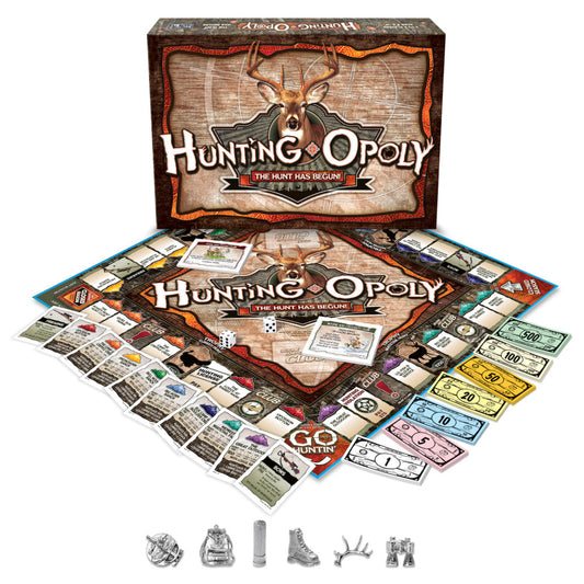 Hunting-opoly board game set with box, game board, property cards, play money in various denominations, dice, and metal game pieces including a deer head, backp