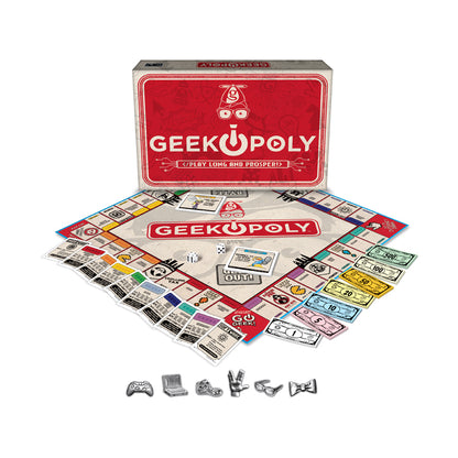 Geek-opoly board game with red box, game board, property cards, play money, dice, and geek-themed tokens including gaming controller, laptop, sneakers, peace si