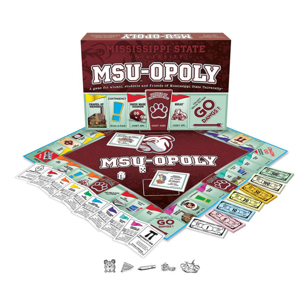 MSU-opoly board game box and contents displayed, including maroon game board with MSU logo, property cards, play money, dice, and game pieces featuring Mississi