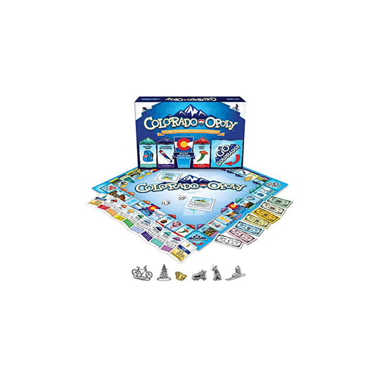 Colorado-Opoly board game with box, game board, property cards, play money, dice, and metal player tokens including a bicycle, tree, and mountain climber