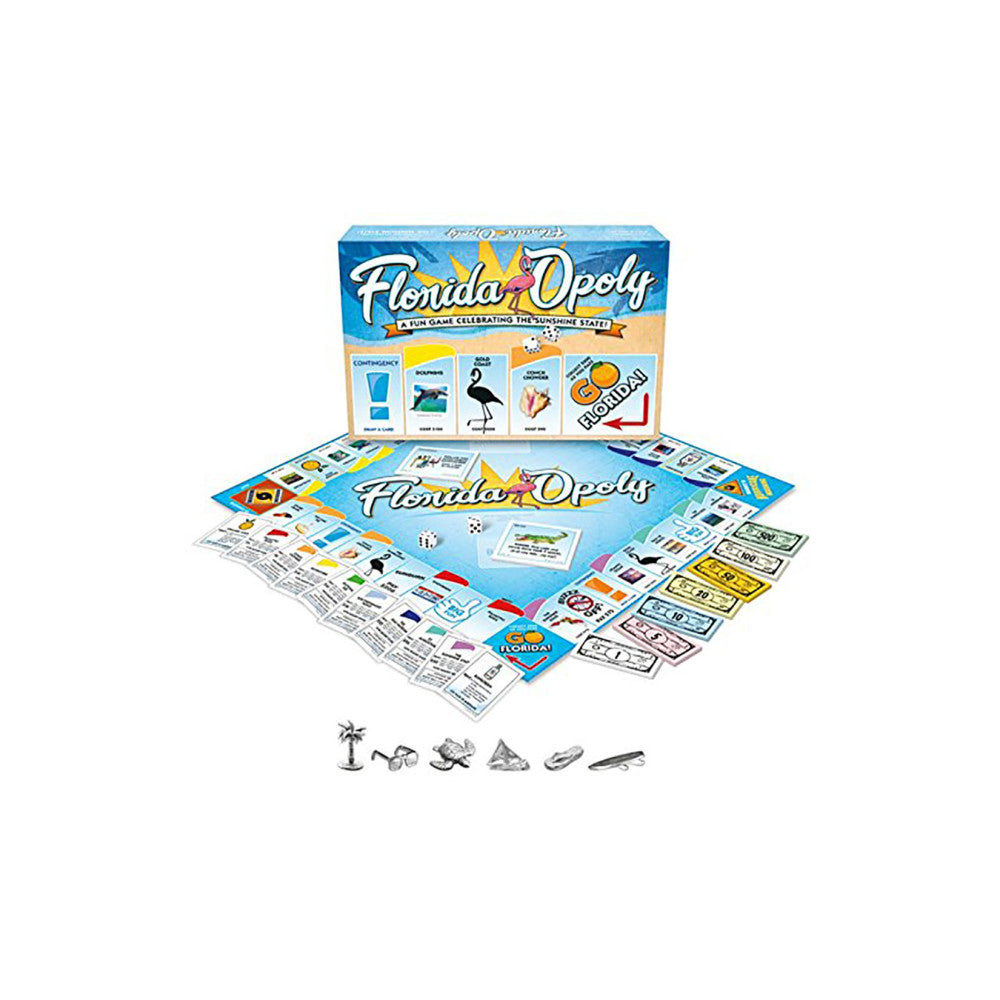 Florida-Opoly board game box, board, play money, property cards, and metal game pieces displayed on white background