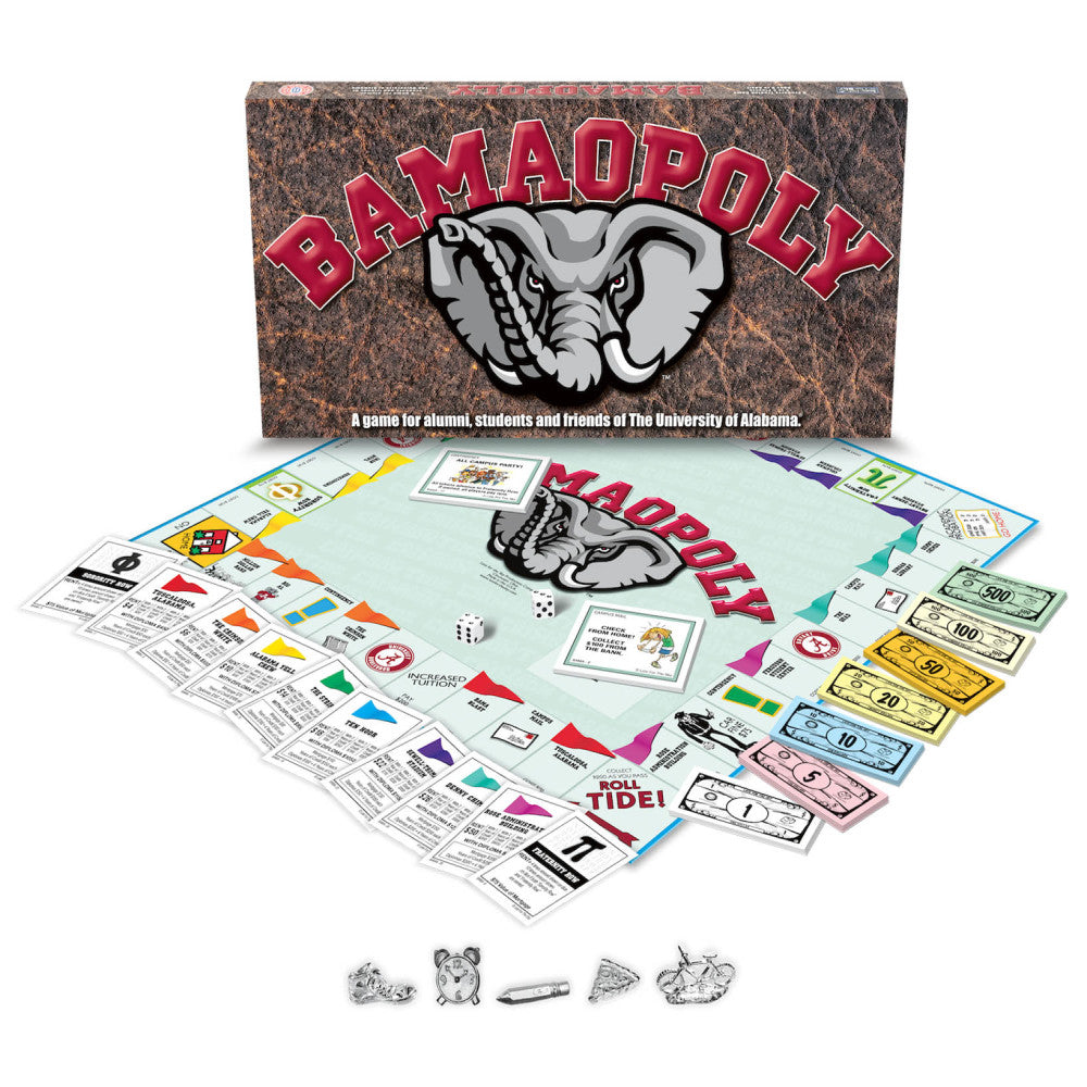 Bama-Opoly board game box and contents displayed with game board, property cards, colored play money, dice, and metal game pieces featuring University of Alabam