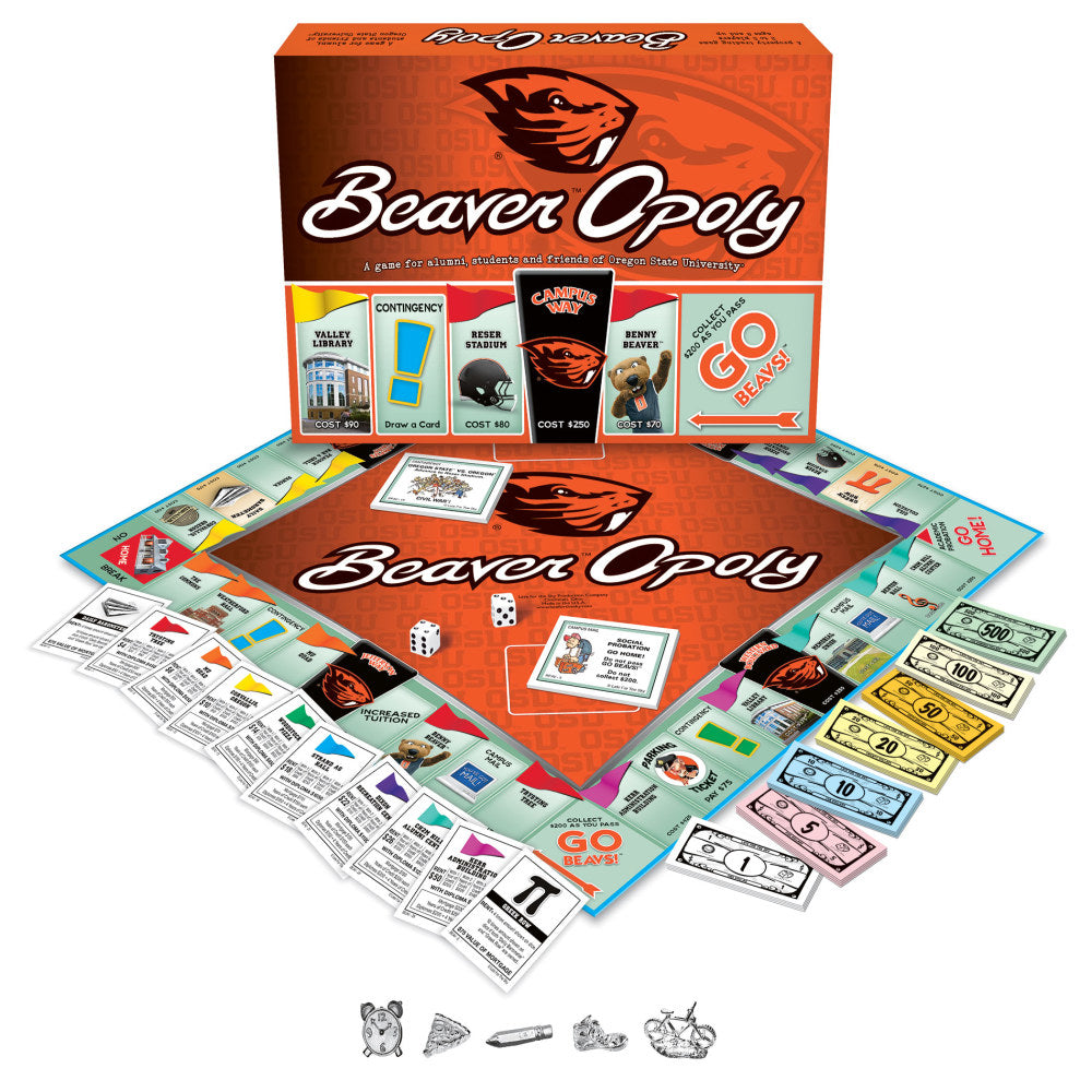 Beaveropoly board game with orange beaver logo, game board, property cards, play money in denominations from $1 to $500, dice, and game pieces displayed with or