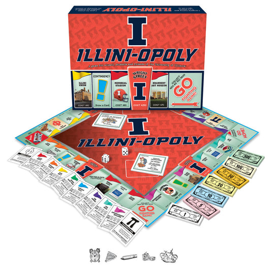 Illini-Opoly board game box and contents displayed, featuring University of Illinois-themed properties, game board with red center, play money, dice, and game p