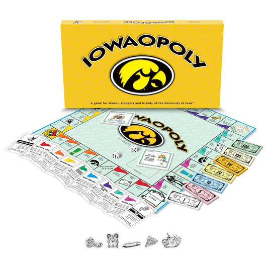 IOWAOPOLY board game box and contents including game board, property cards, colorful play money, dice, and game pieces themed around University of Iowa