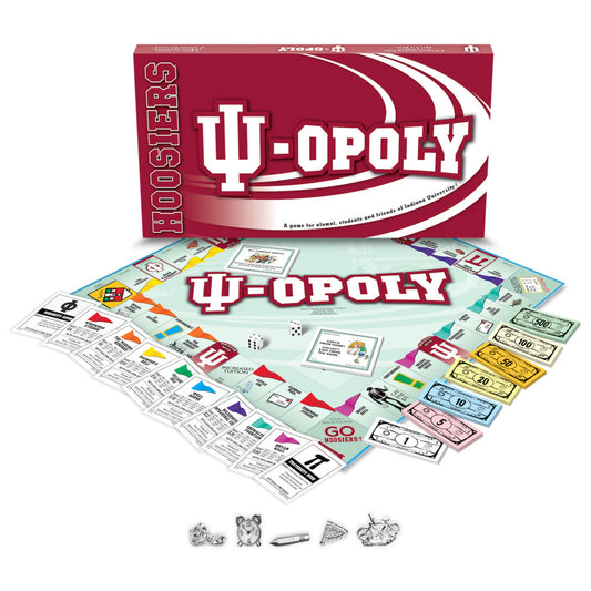 IU-OPOLY board game box and contents displayed, including game board, property cards, colorful play money, dice, and game pieces themed for Indiana University