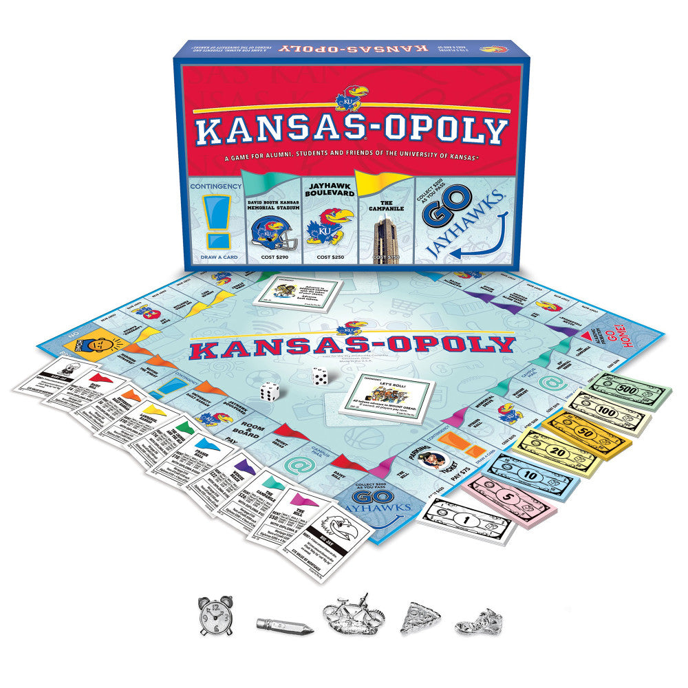 Kansas-Opoly board game box and contents including game board, player tokens, dice, property cards, and money on plain background