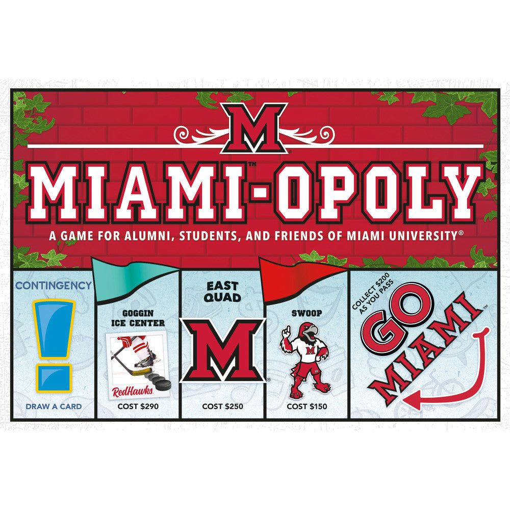 Miami-Opoly board game box showing red brick background with Miami University M logo, game spaces including Goggin Ice Center, East Quad, and Swoop mascot, with