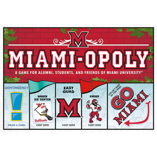 Miami-Opoly board game box showing red brick background with Miami University M logo, game spaces including Goggin Ice Center, East Quad, and Swoop mascot, with