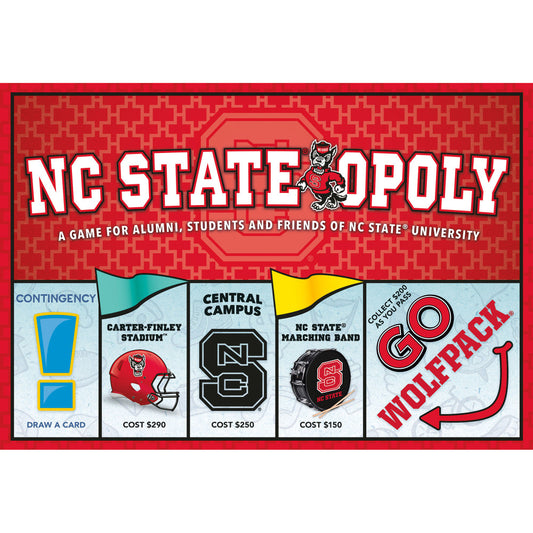 NC State-Opoly board game box showing game title, NC State Wolfpack mascot, and sample properties including Carter-Finley Stadium, Central Campus, and NC State