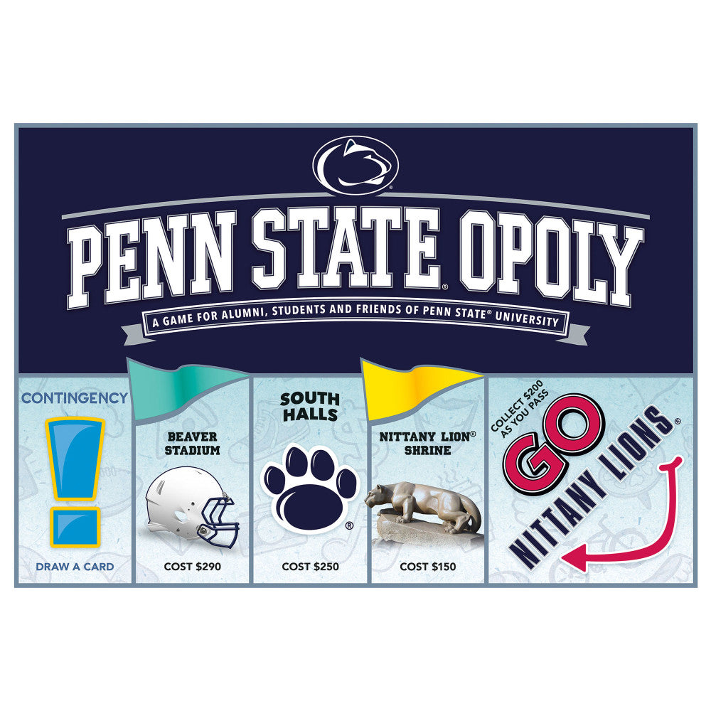 Penn State Opoly board game box showing game board spaces including Beaver Stadium, South Halls, Nittany Lion Shrine, and Go Nittany Lions with property costs a