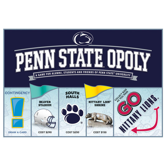Penn State Opoly board game box showing game board spaces including Beaver Stadium, South Halls, Nittany Lion Shrine, and Go Nittany Lions with property costs a
