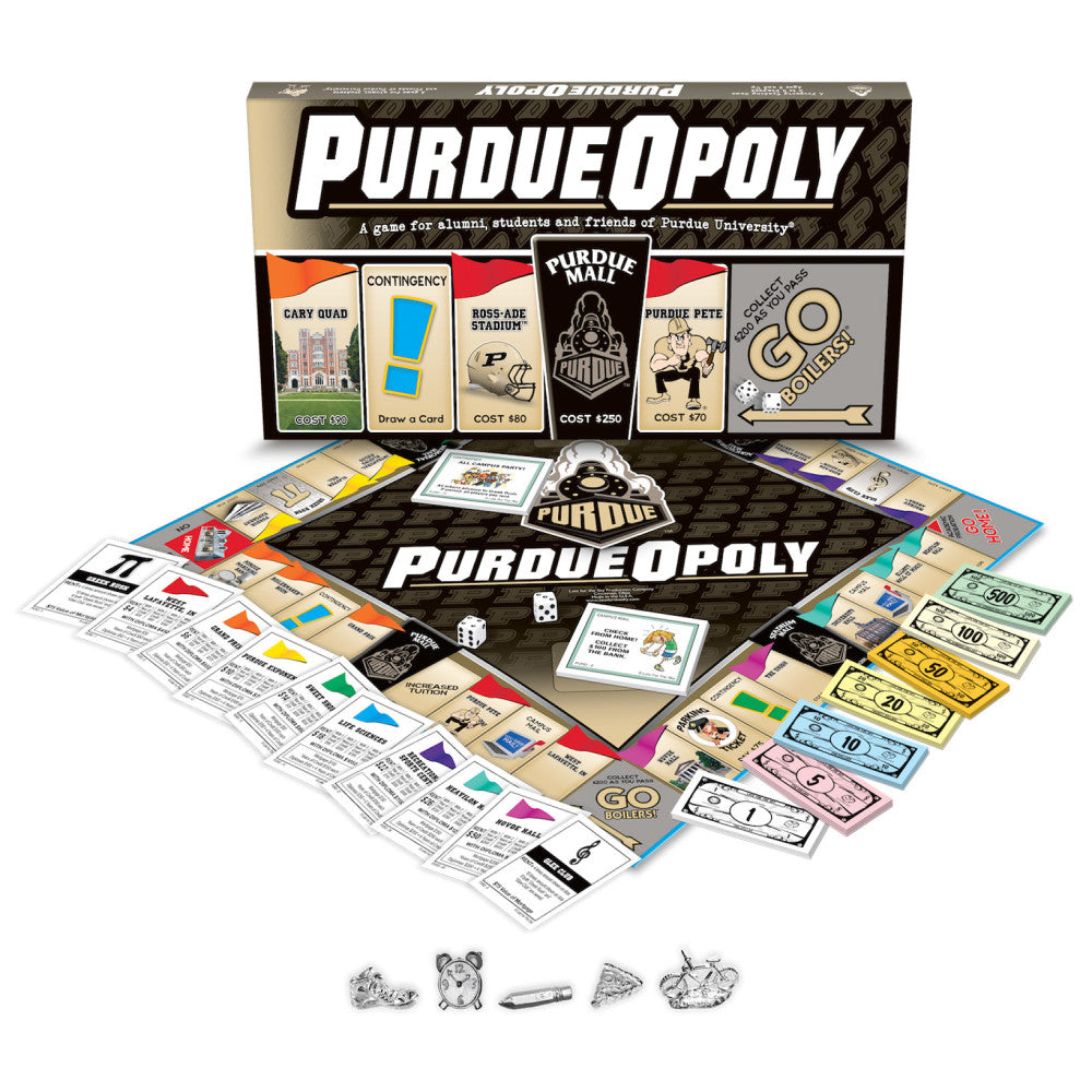 Purdue-Opoly board game displayed with box, game board, property cards, play money in various denominations, dice, game pieces, and instruction cards