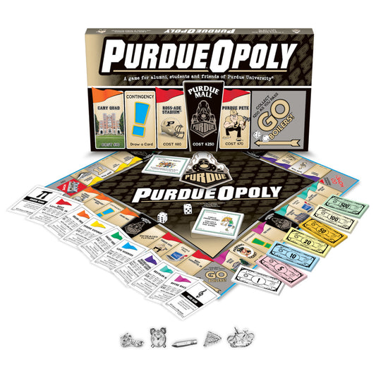 Purdue-Opoly board game displayed with box, game board, property cards, play money in various denominations, dice, game pieces, and instruction cards