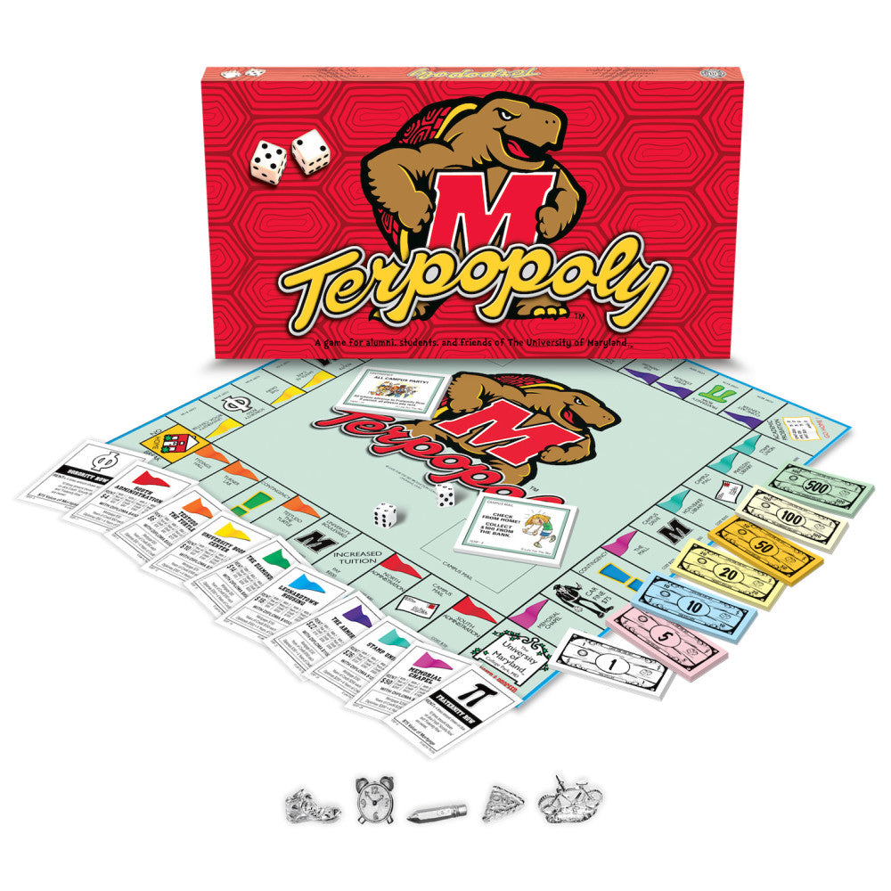 University of Maryland Terp-Opoly board game with red box, game board featuring Terps mascot, property cards, play money, dice, and game pieces displayed