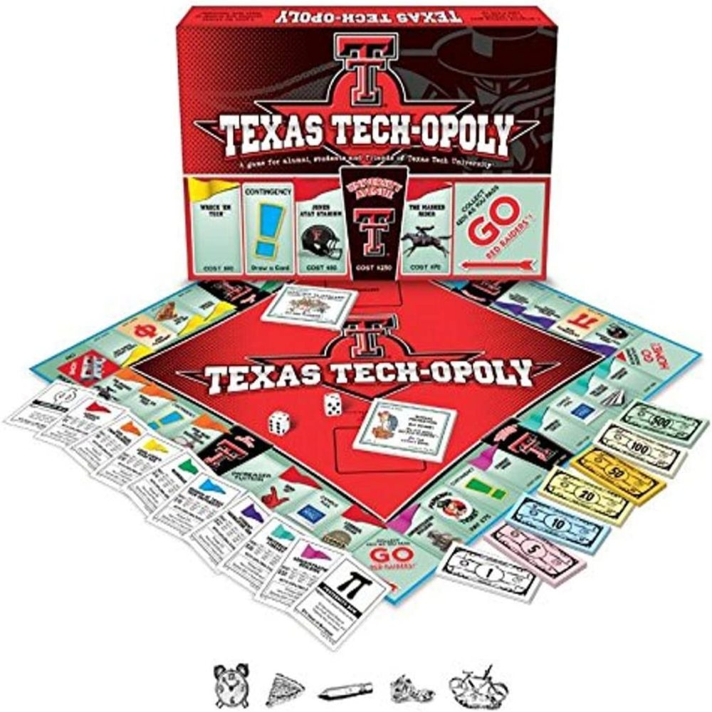 Texas Tech-Opoly board game box and contents displayed, showing red game board, property cards, play money, dice, and game pieces themed around Texas Tech Unive