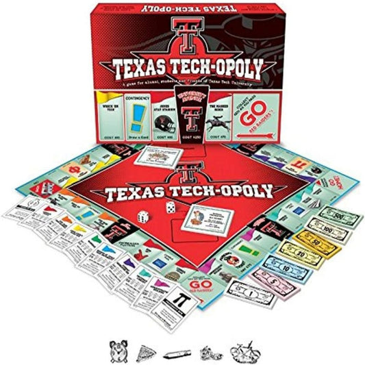 Texas Tech-Opoly board game box and contents displayed, showing red game board, property cards, play money, dice, and game pieces themed around Texas Tech Unive