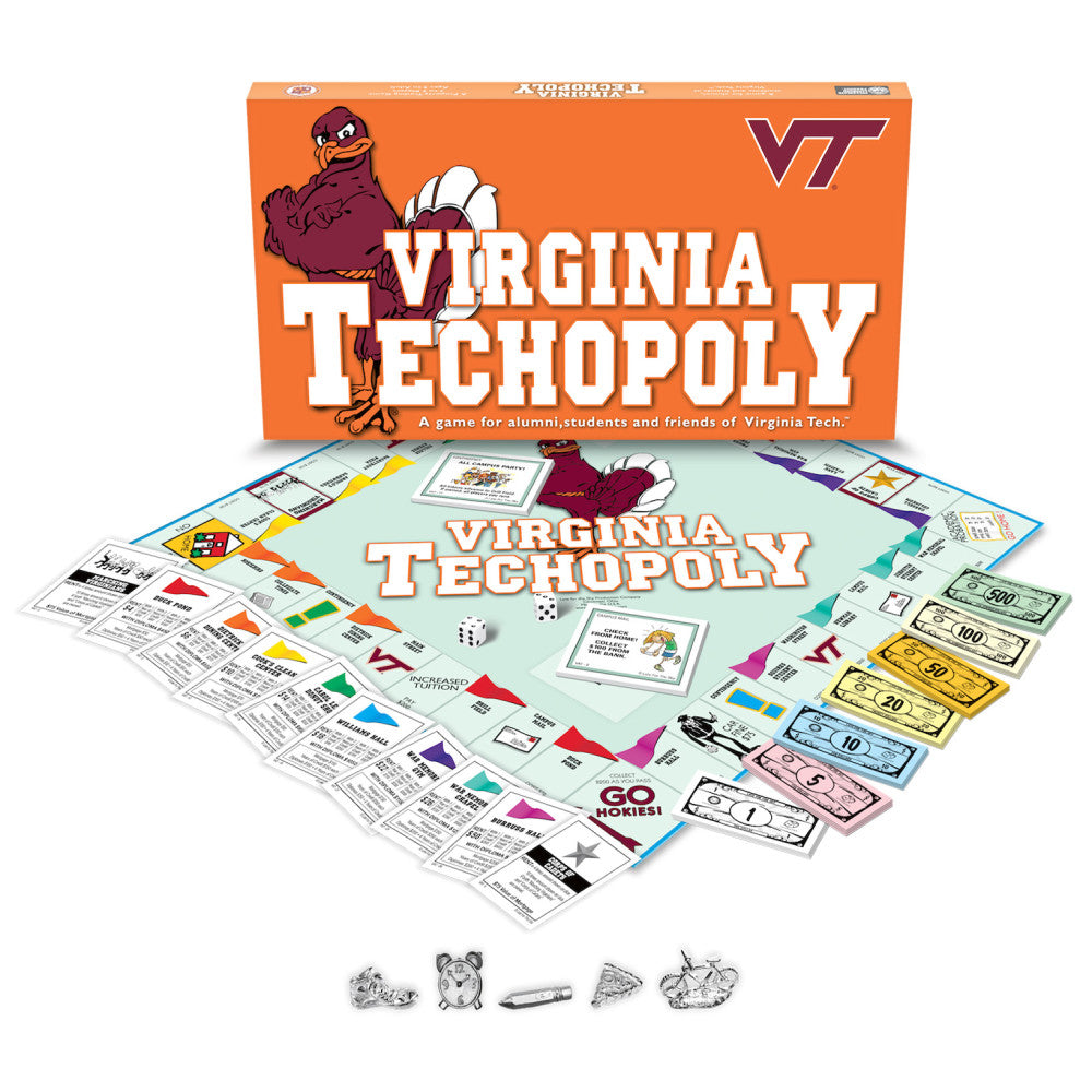 Virginia Tech Techopoly board game box and contents, including game board, colorful play money, dice, player tokens, property cards, and instruction sheets feat