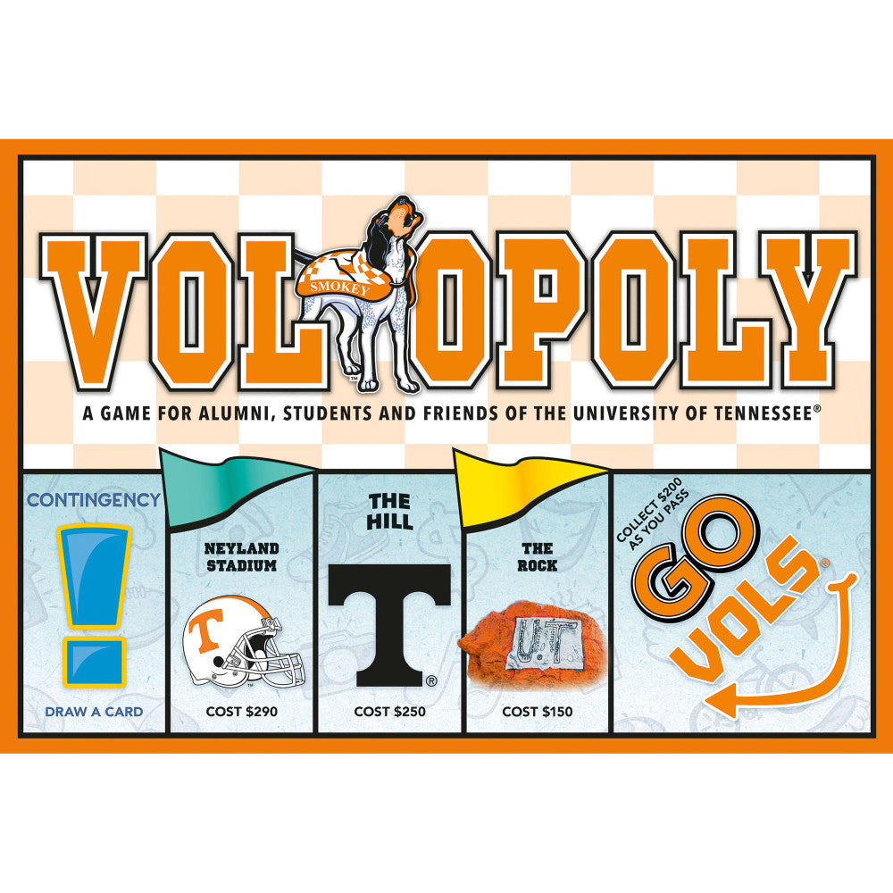 Vol-Opoly board game box showing University of Tennessee Monopoly-style game board with Smokey mascot, featuring Neyland Stadium, The Hill, The Rock, and Go Vol