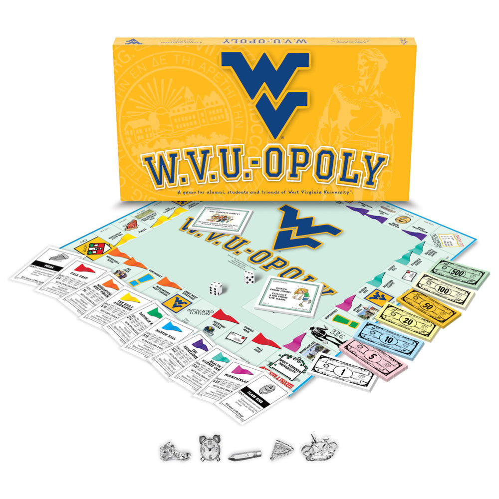 WVU-OPOLY board game box and contents including game board, property cards, colorful player pieces, dice, and play money on plain background