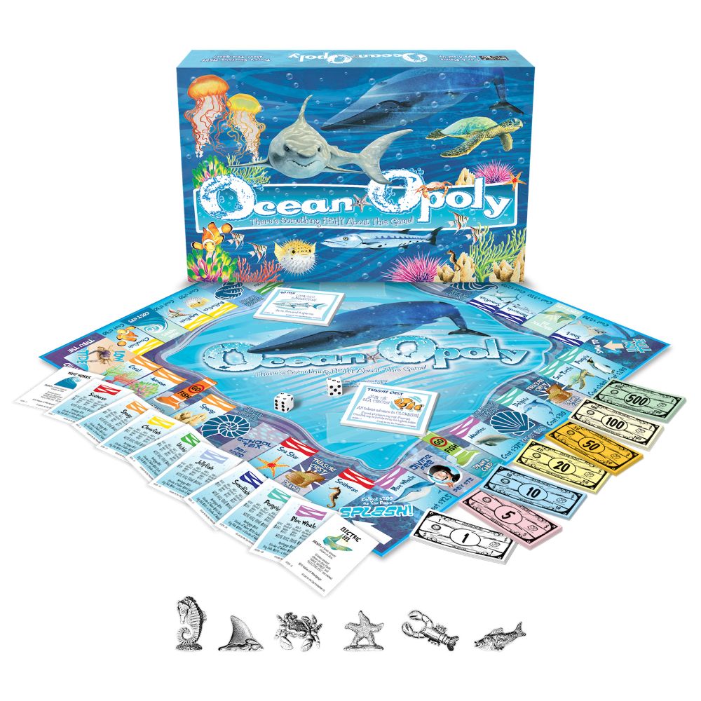 Ocean-Opoly board game with blue box featuring ocean animals, game board with whale and sea creatures, property cards, play money in denominations from $1 to $5