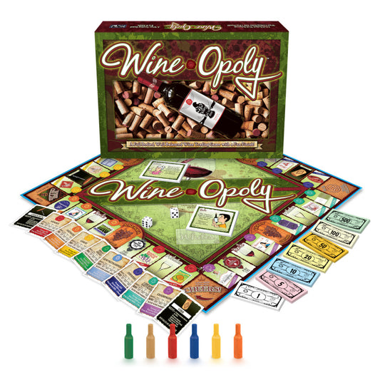 Wine-Opoly board game with box, game board, wine cork game pieces, property cards, colorful play money, dice, and instruction cards displayed