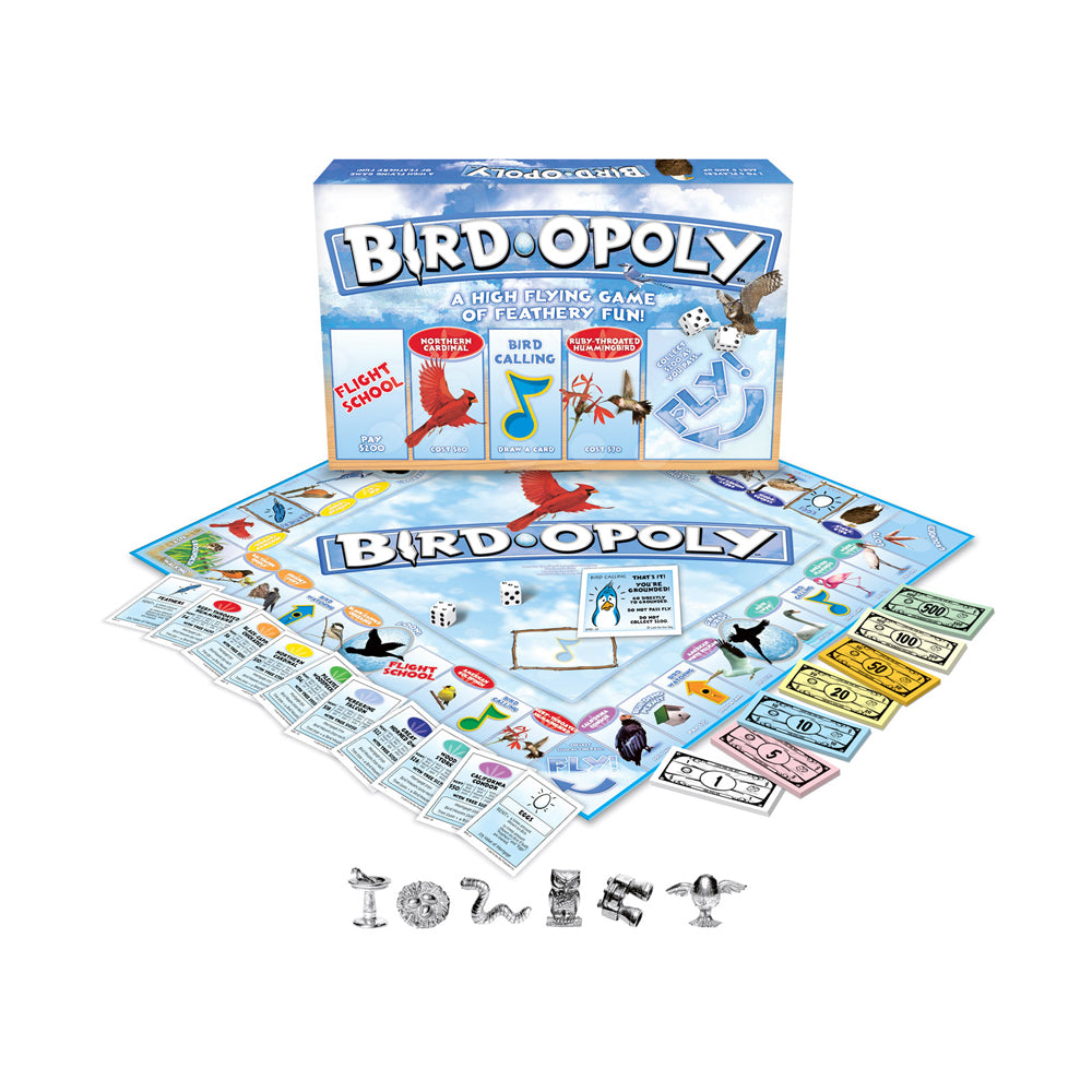 Bird-opoly board game box, game board, cards, play money, dice, and metal bird-shaped game pieces displayed on white background
