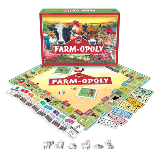 Farm-Opoly board game box and contents displayed, including game board with farm-themed spaces, colorful play money, dice, property cards, and metal farm animal