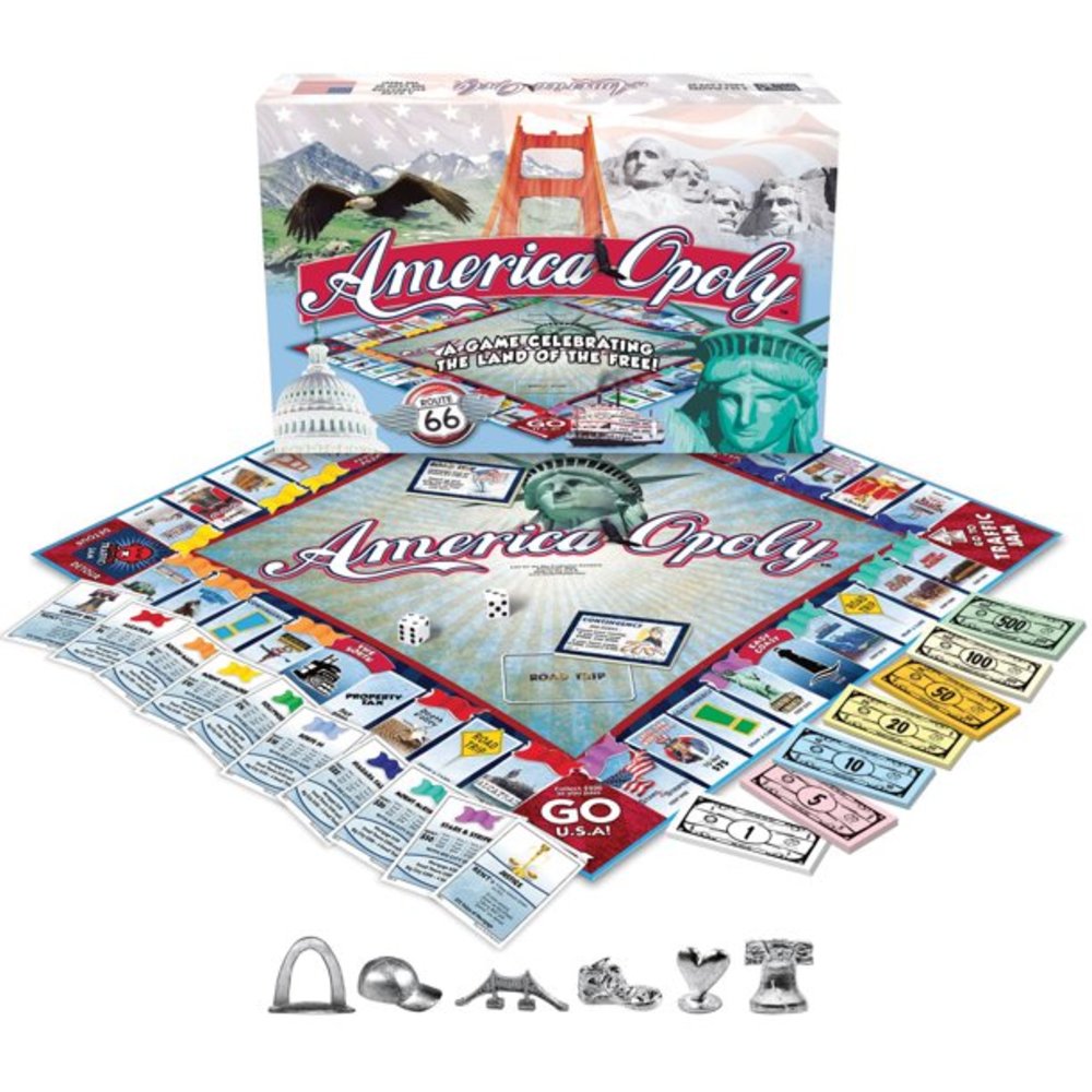 America-opoly board game set with game board, property cards, play money, dice, and metal game pieces displayed with original box
