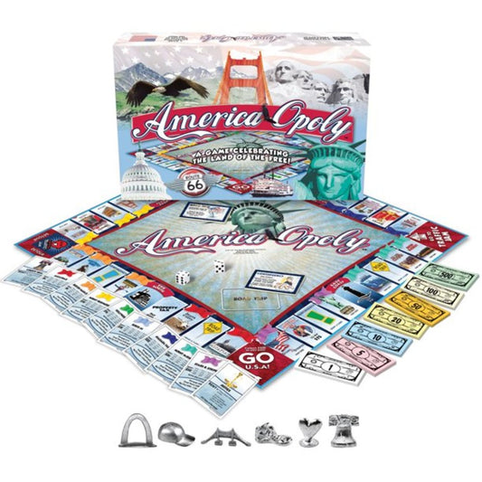 America-opoly board game set with game board, property cards, play money, dice, and metal game pieces displayed with original box