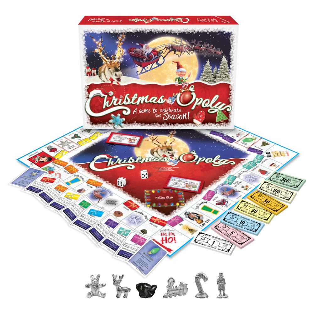 Christmas-Opoly board game showing box, game board with Santa and reindeer design, player tokens, dice, colorful property cards, and holiday-themed money