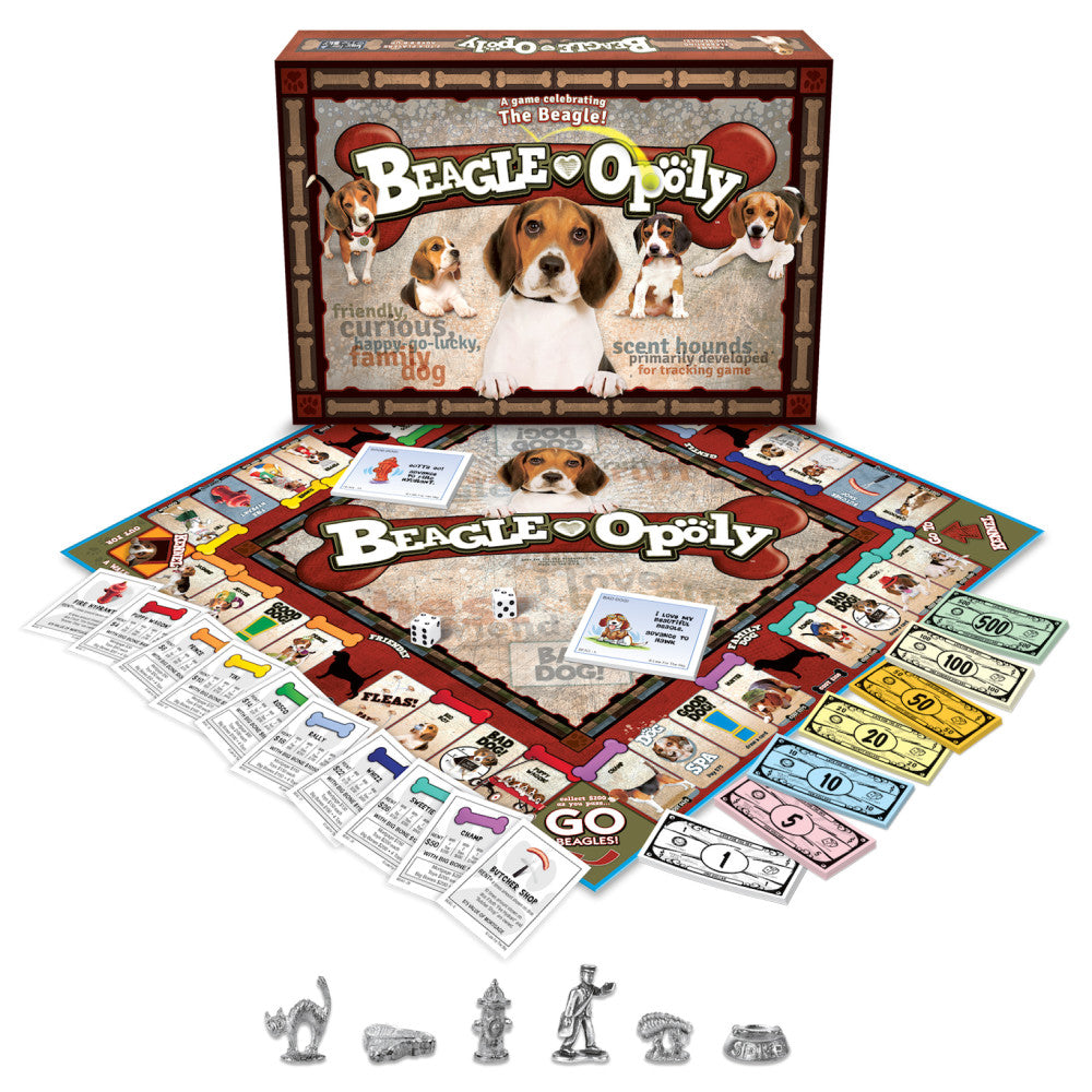 Beagle-Opoly board game box and contents including game board, player tokens, play money, property cards, dice, and instruction sheets