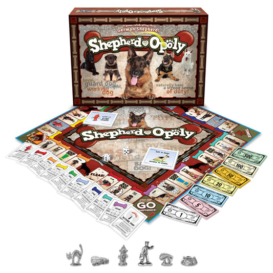 Shepherd-Opoly board game with box, game board, property cards, play money, dice, and six metal game pieces shaped like German Shepherds and dog-related items