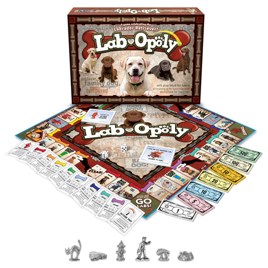 Lab-opoly board game box and contents displayed, including game board, colorful paper money, dice, property cards, and metal Labrador Retriever-themed game piec