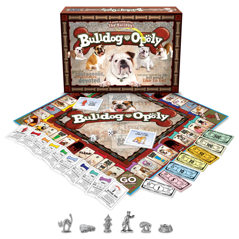 Bulldog-Opoly board game box and contents displayed, including game board with bulldog images, property cards, play money, dice, and metal dog-themed game piece