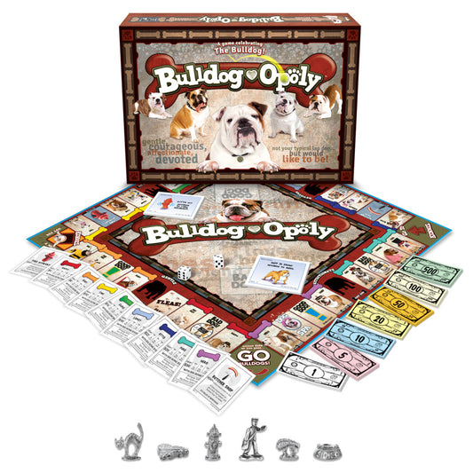Bulldog-Opoly board game box and contents displayed, including game board with bulldog images, property cards, play money, dice, and metal dog-themed game piece